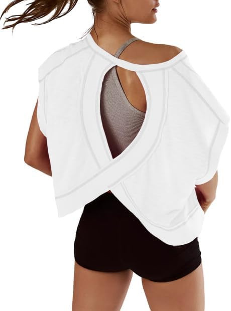 Kumufenc Women Short Sleeve Workout Shirts Open Back Tops Casual Yoga Y2k Athletic Gym Slouchy Cr... | Amazon (US)