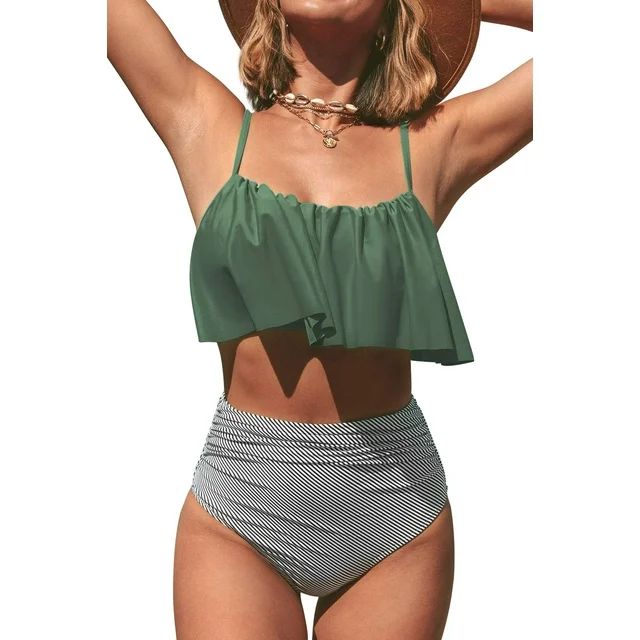 Cupshe Women's Falbala High-waisted Two Piece Bikini Swimsuit Set Ruched Swimwear | Walmart (US)
