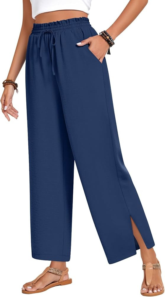 Anyhold Womens Wide Leg Lounge Pants Loose High Waisted Side Slit Pants Drawstring Casual Palazzo... | Amazon (US)