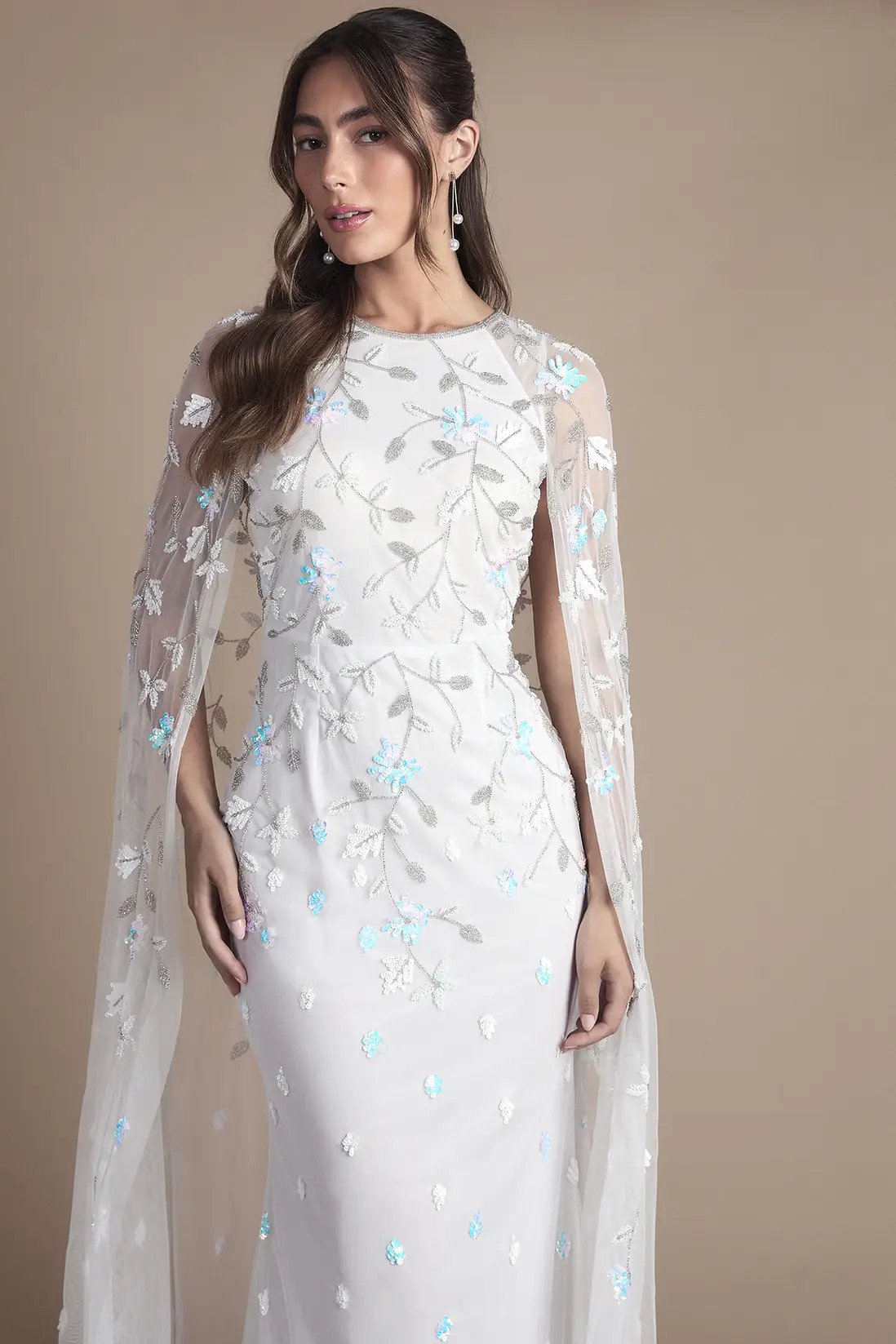Floral Embellished Cape Maxi Wedding Dress | boohoo (US & Canada)