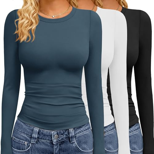 GAYHAY 3 Pack Long Sleeve Shirts for Women Basic Tops Crew Neck Fitted Tight Workout Tees Y2K Clothes Going Out Fashion 2025 Black White Haze Dark Blue | Amazon (US)