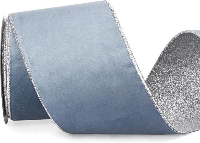 Ribbli Dusty Blue Velvet Wired Ribbon 4 Inch Dusty Blue Velvet with Silver Glitter Christmas Ribb... | Amazon (US)