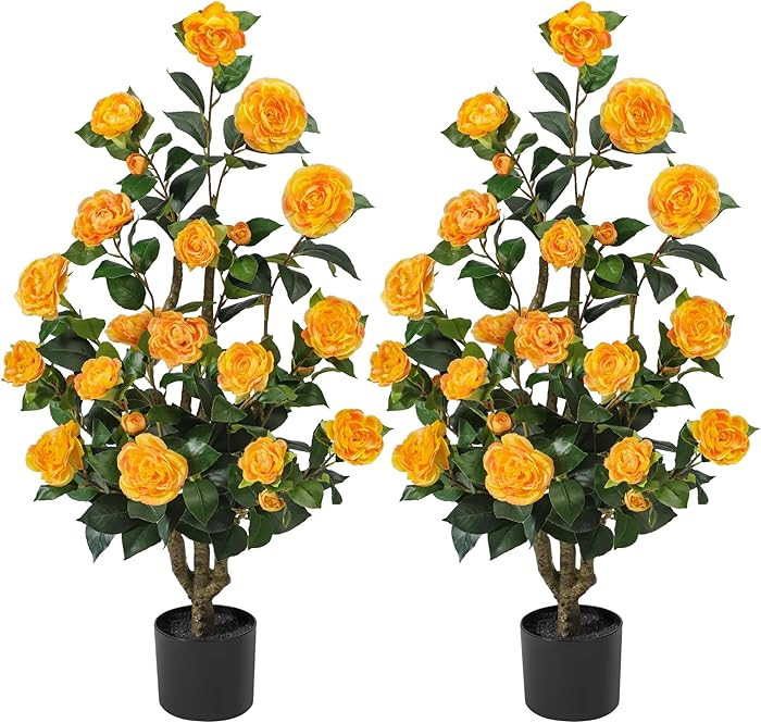 Artificial Camellia Tree 3.3 FT 2 Pack, Christmas Decor Fake Camellia Plant with Blooming Flowers... | Amazon (US)