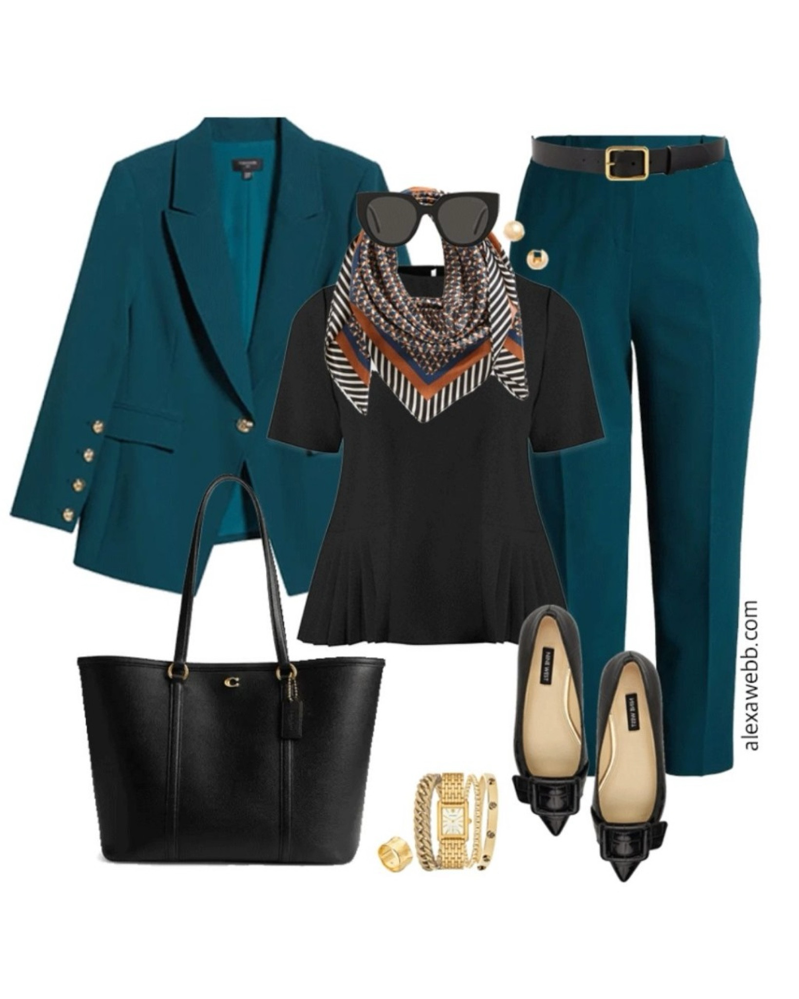 Plus size fall business casual work capsule wardrobe with a teal blazer and pants, scarf and black blouse with black flats. Alexa Webb 

#LTKStyleTip #LTKWorkwear #LTKPlusSize
