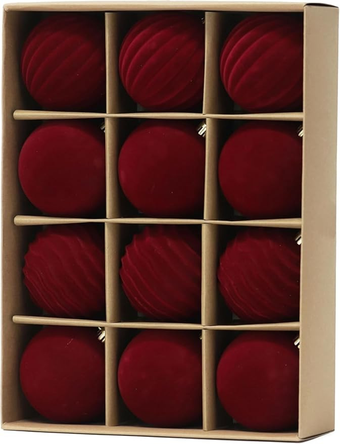 LATERN 12Pcs Velvet Christmas Baubles, 8CM Red Flocked Christmas Ball Ornaments Shatterproof Chri... | Amazon (UK)