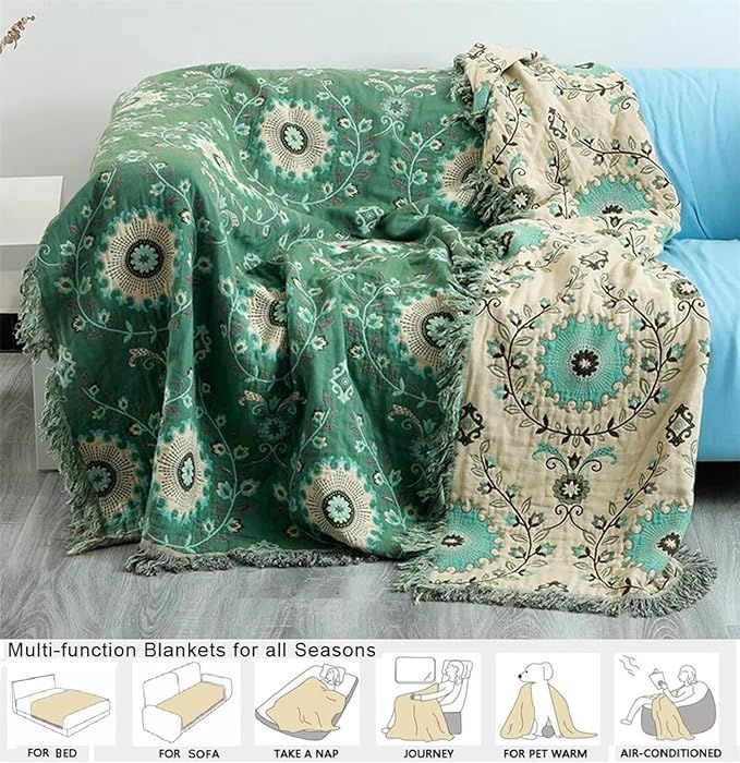 Boho Throw Blanket for Couch Bed 100% Cotton Blankets Woven Blanket Green Blanket, Versatile Blan... | Amazon (US)