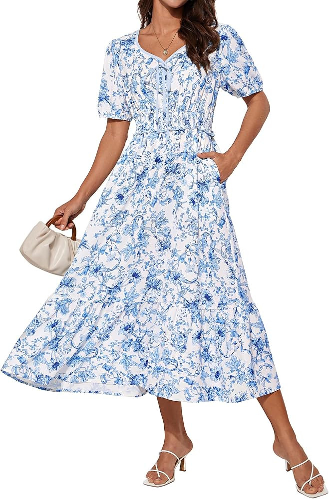 GRACE KARIN 2025 Women's Summer Floral Flowy A Line Midi Dresses Elegant Short Sleeve Smocked V-N... | Amazon (US)