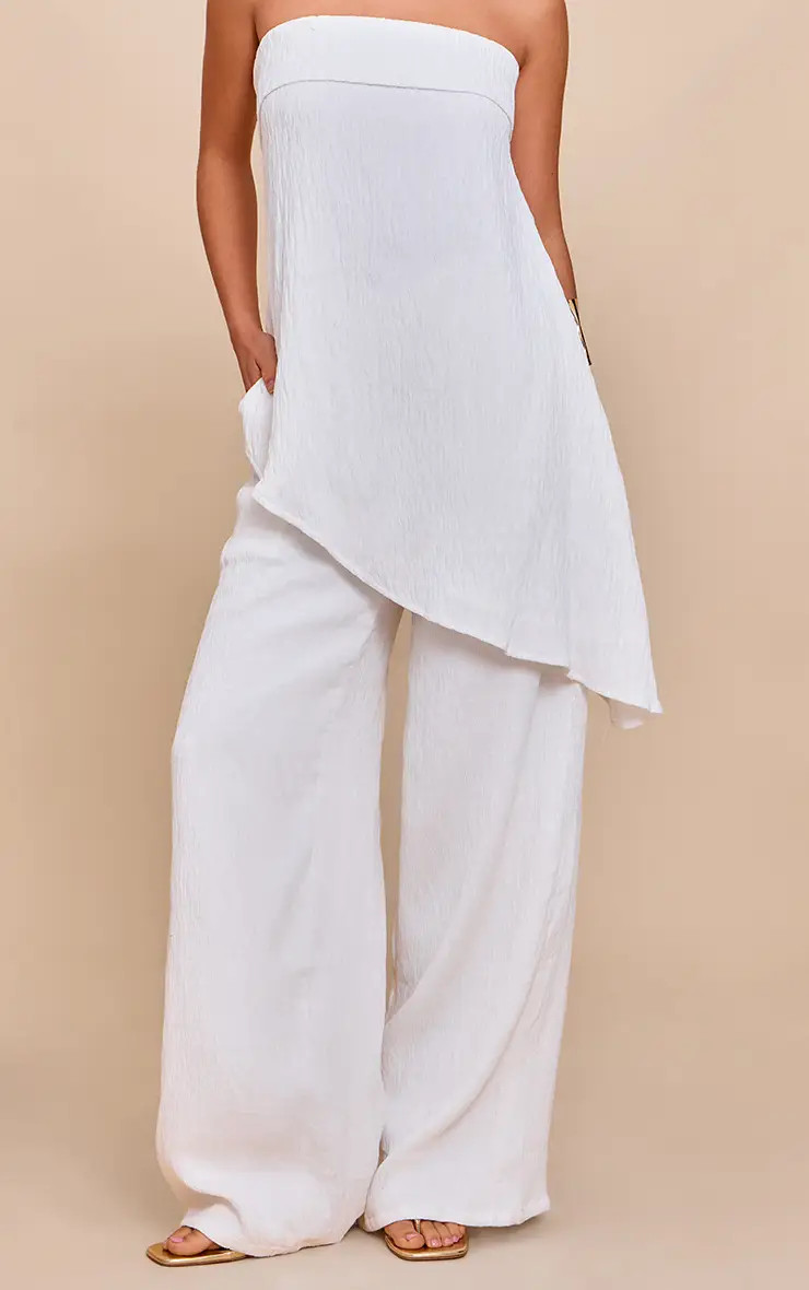 White Textured Wide Leg Trousers Co-ord | PrettyLittleThing | PrettyLittleThing UK