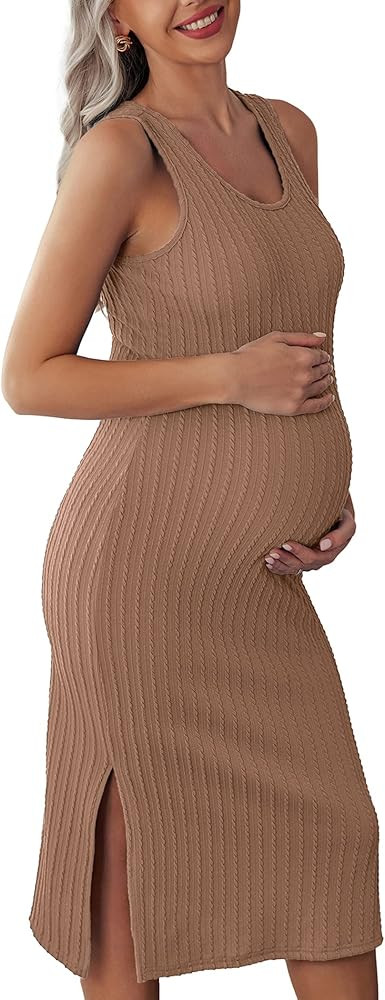 Ekouaer Women's Maternity Dress Rib Knit Sleeveless Tank Side Slit Bodycon Dresses Pregnancy Clot... | Amazon (US)