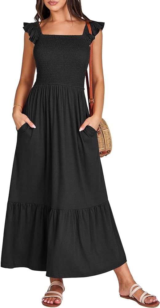 ANRABESS Women’s Summer Maxi Dress Square Neck Ruffle Sleeveless Smocked Tiered Casual Beach Su... | Amazon (US)