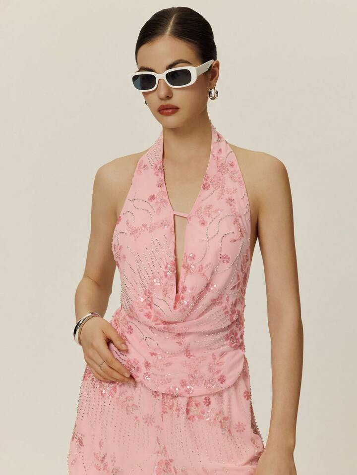 Poéselle Women Sparkly Beading Backless Halter Neck Top | SHEIN
