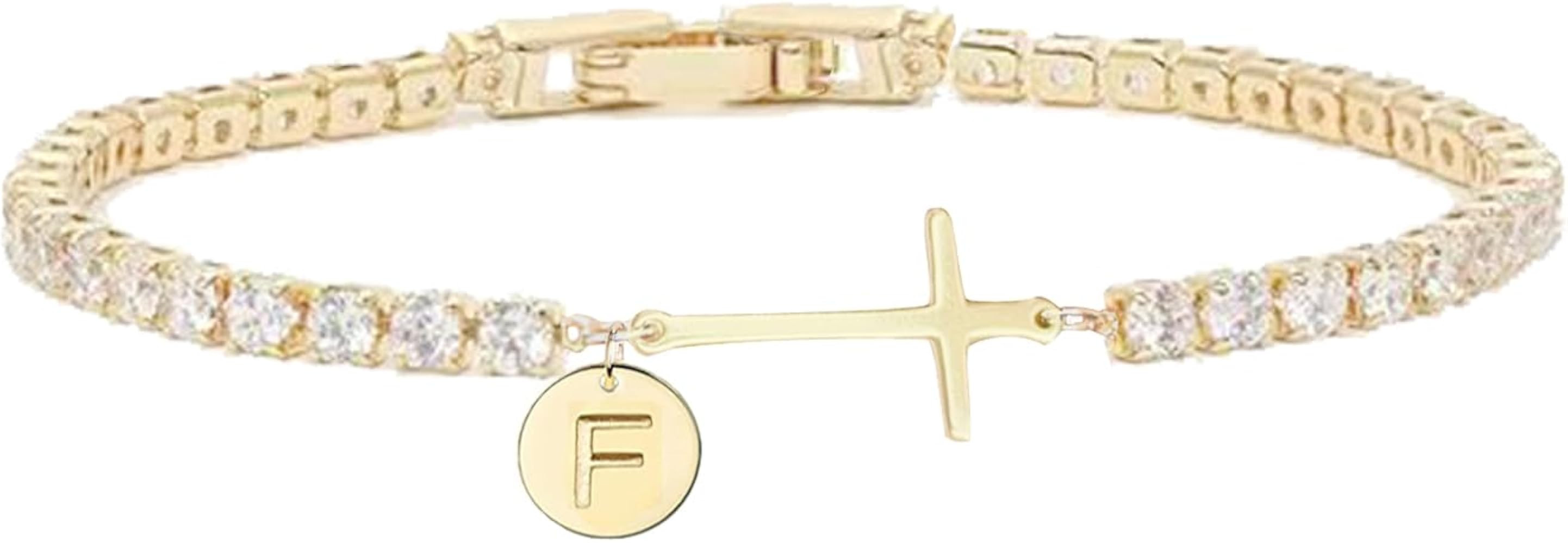 Gold Cross Bracelets for Women - 14K Gold Plated 3mm Cubic Zirconia Classic Tennis Bracelet Daint... | Amazon (US)