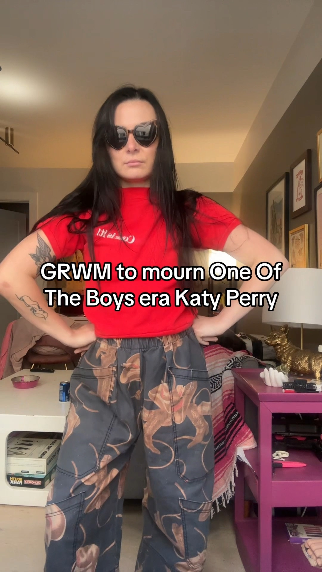 2000s Katy Perry inspired outfit - I miss this era. My Coke top is vintage but I’ve linked the pants and sunglasses. I’m considering selling these as I don’t wear them very often - saint laurent heart sunnies. 

#LTKPetite