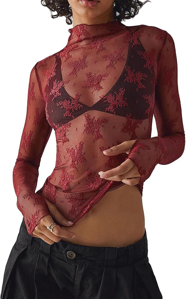 Sheer Mesh Long Sleeve Layering Top for Women Mock Neck Floral Lace Tshirt See Through Tee Shirt ... | Amazon (US)