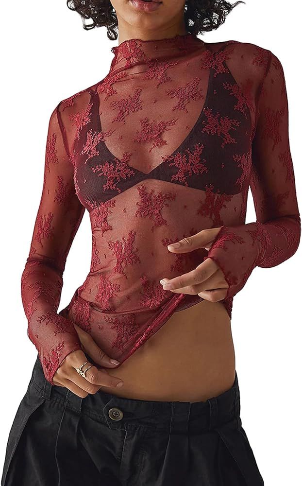 Women Y2k Mesh Long Sleeve Top Sheer Mock Neck Crop Top Floral See Through Layering Top Tee Embro... | Amazon (US)