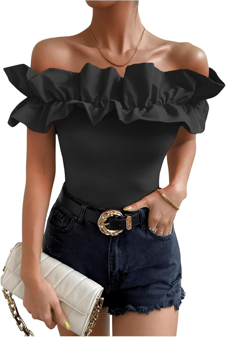 OYOANGLE Women's Ruffle Trim Off Shoulder Short Sleeve Blouse Party Tops Shirt | Amazon (US)