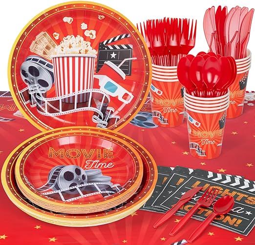 DECORLIFE Movie Theme Party Supplies Serves 16, Movie Night Plates and Napkins Sets, Cups, Tablec... | Amazon (US)
