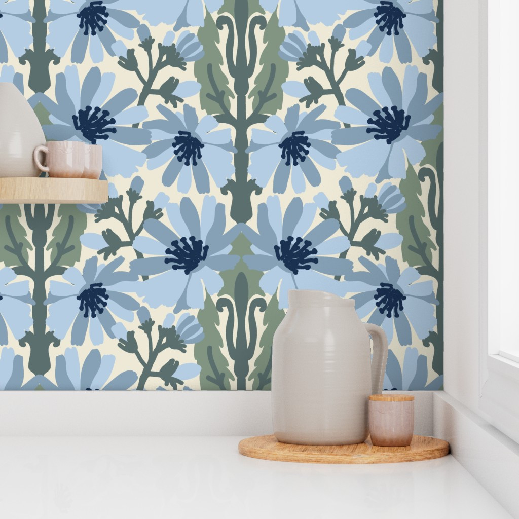 Wallpaper in Blue chicories with sage green on cream arts and crafts Medium scale | Spoonflower