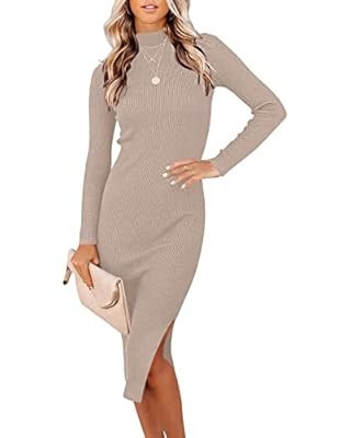 ANRABESS Women's Long Sleeve Plain High Neck Slim Fit Midi Dresses Casual Long Sweater Dress A308... | Amazon (US)