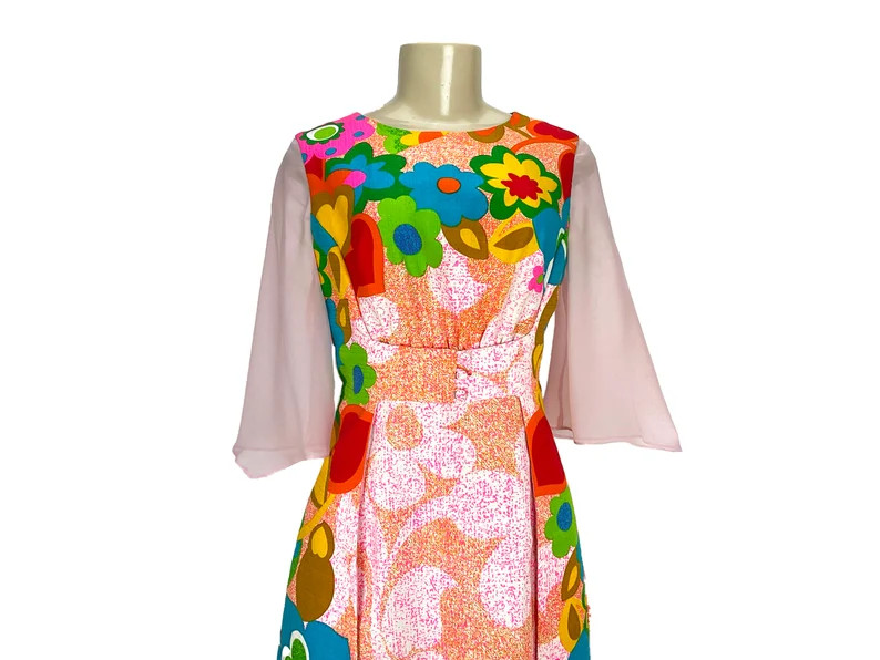 Vintage Maxi Dress Ja-na Hawaii Hostess Gown Size S M Cotton Bark Cloth Chiffon Half Sleeves Belt... | Etsy (US)