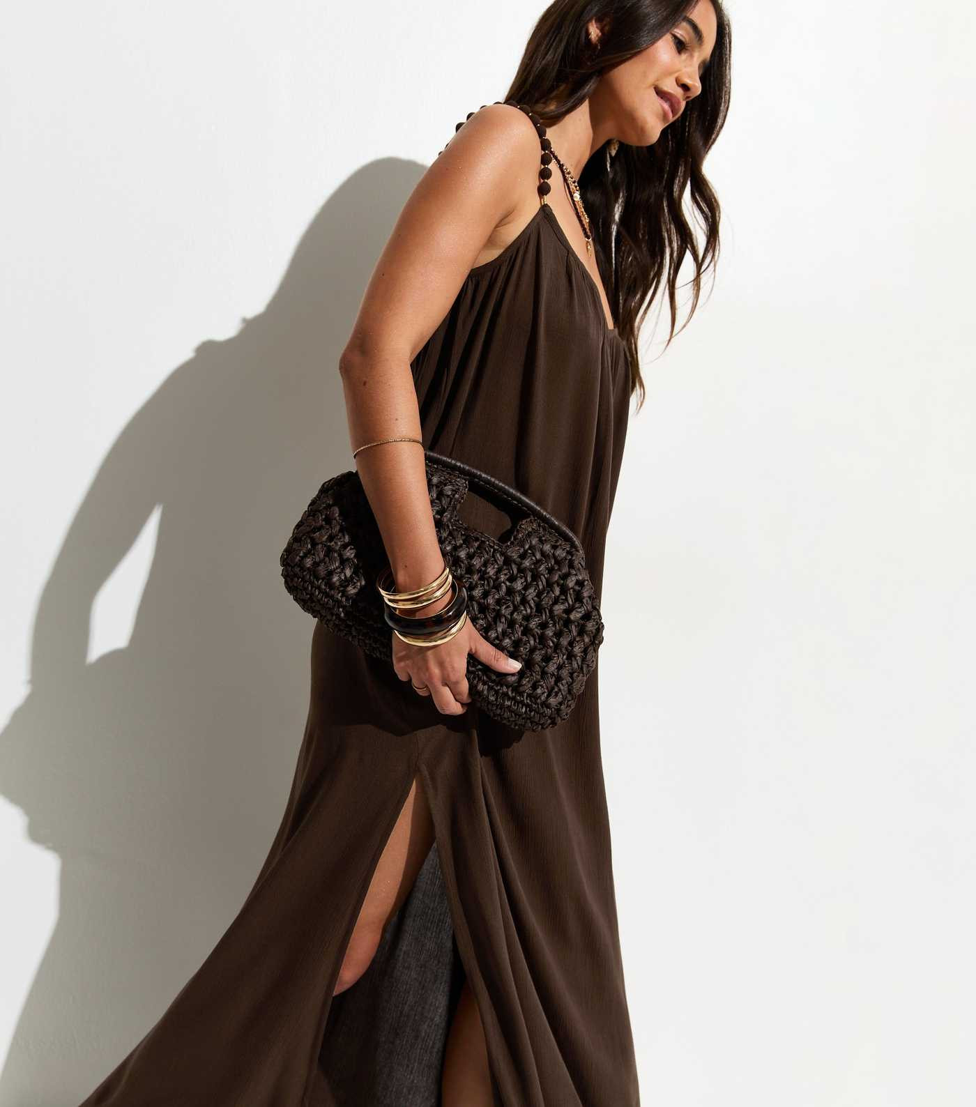 Dark Brown Crinkle Texture Beaded Maxi Dress | New Look | New Look (UK)