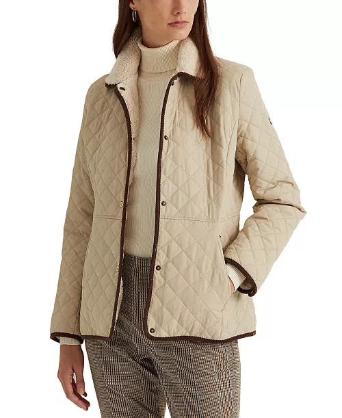 Women's Faux-Sherpa-Collar Quilted Coat | Macy's