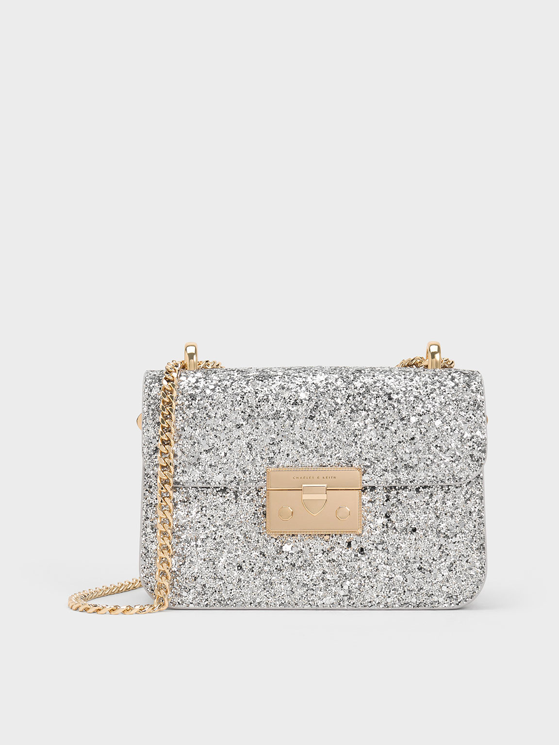 Glittered Push-Lock Chain-Handle Bag
    
         - Silver | Charles & Keith US