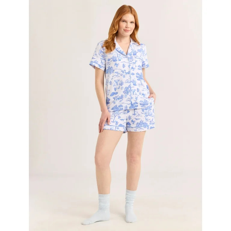 Joyspun Women’s Short Sleeve Knit Notch Collar Top and Shorts Pajama Set, 2-Piece, Sizes XS-3X | Walmart (US)