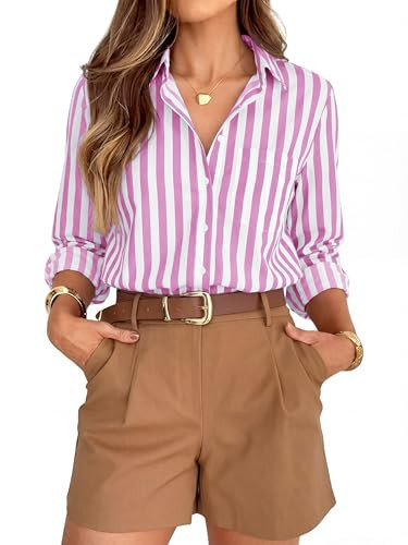 BBIBBI Pink Button Up Shirt Women Down Dress Shirts for Blouses Striped Long Sleeve Womens Tops Dressy Casual Blouse Pink Size XL | Amazon (US)