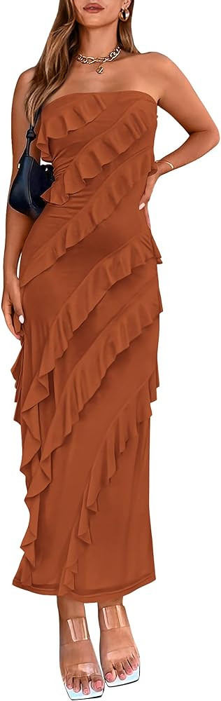 BTFBM Women Summer Elegant Strapless Midi Ruched Bodycon Dress Solid Color Stretch Mesh Slim Part... | Amazon (US)