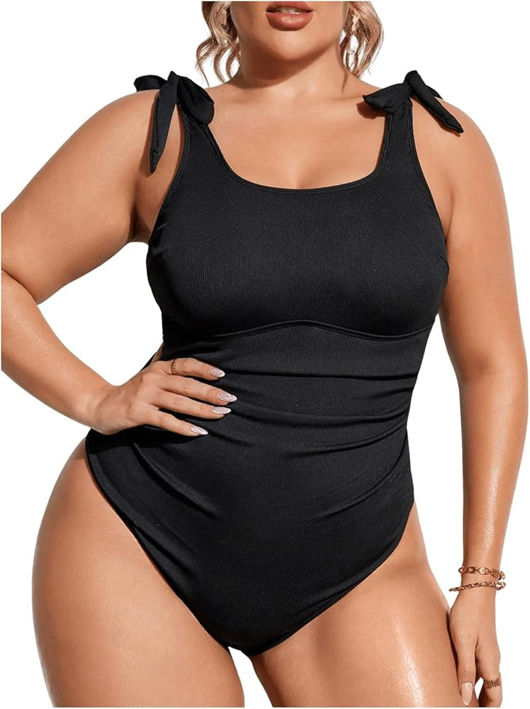 WDIRARA Women's Plus Size One Piece Swimsuit Tie Shoulder Swimwear Ruched Bathing Suits | Amazon (US)