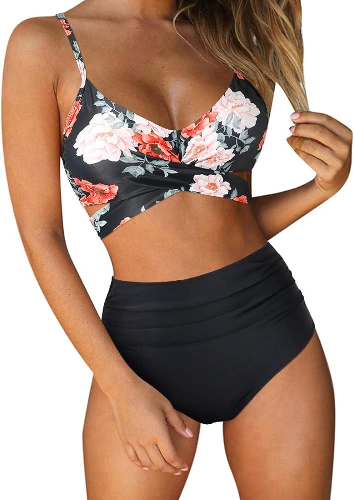 RUUHEE Women Criss Cross High Waisted String Floral Printed 2 Piece Bathing Suits | Amazon (US)