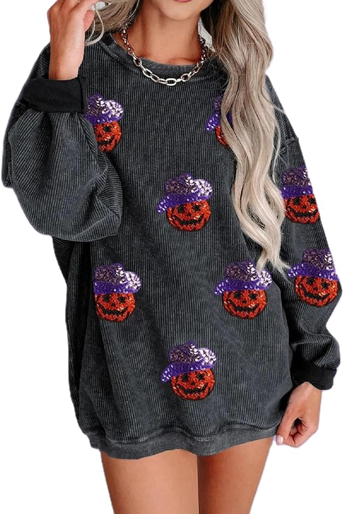 Women Halloween Sequin Sweatshirt Pumpkin Ghost Graphic Oversized Sweater Spooky Season Crewneck ... | Amazon (US)