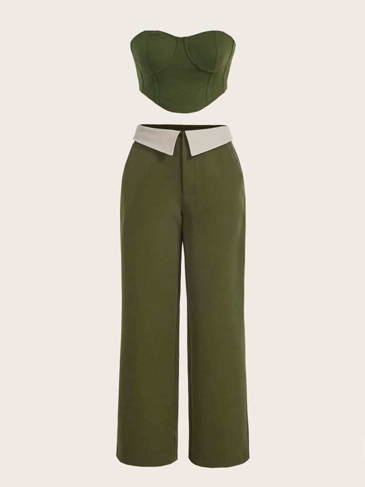 SHEIN ICON Solid Bustier Crop Tube Top & Foldover Wide Leg Pants | SHEIN