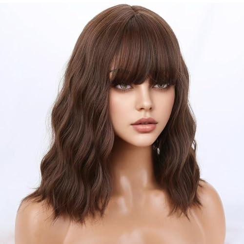 WTHCOS Mixed Brown Wig With Bangs for Women Short brown Curly Wavy Heat Resistant Synthetic Cosplay Wigs for Daily Use With Wig Cap | Amazon (US)