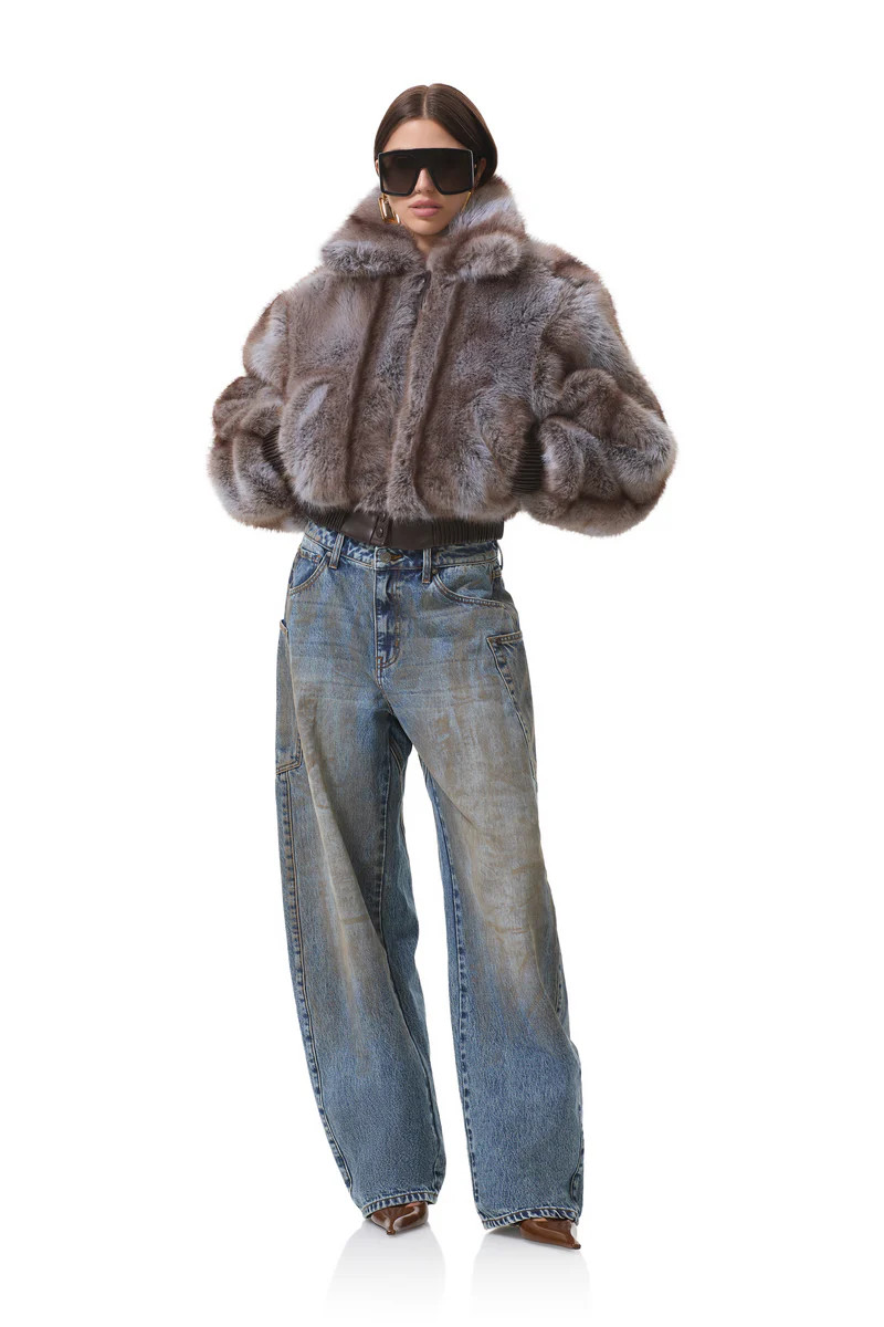 Adelaide Fur Bomber Jacket - Lilac Brown Stripe | ShopAFRM