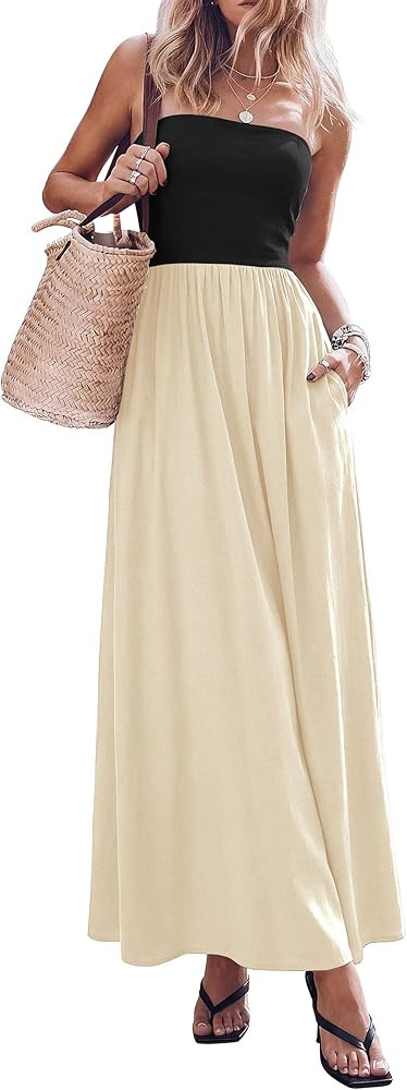 PRETTYGARDEN Women's 2026 Spring Strapless Maxi Dresses Patchwork Long Flowy Pockets Elegant Goin... | Amazon (US)