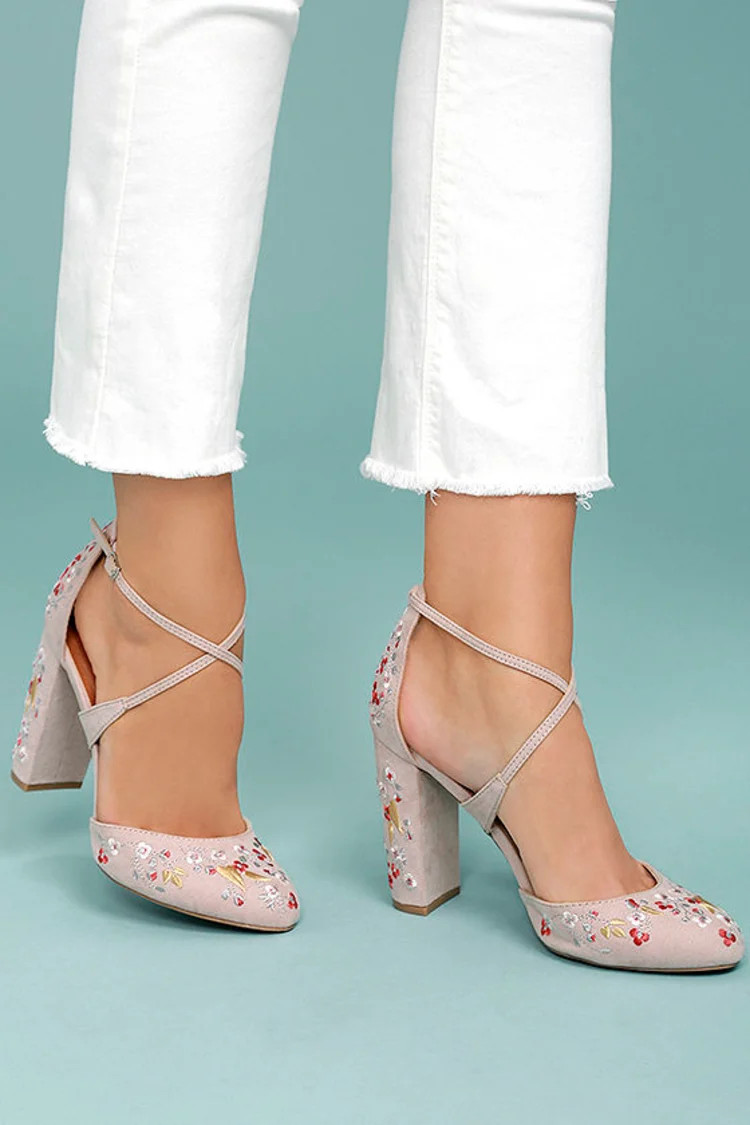 Lottie Nude Embroidered Ankle Strap Heels | Lulus (US)