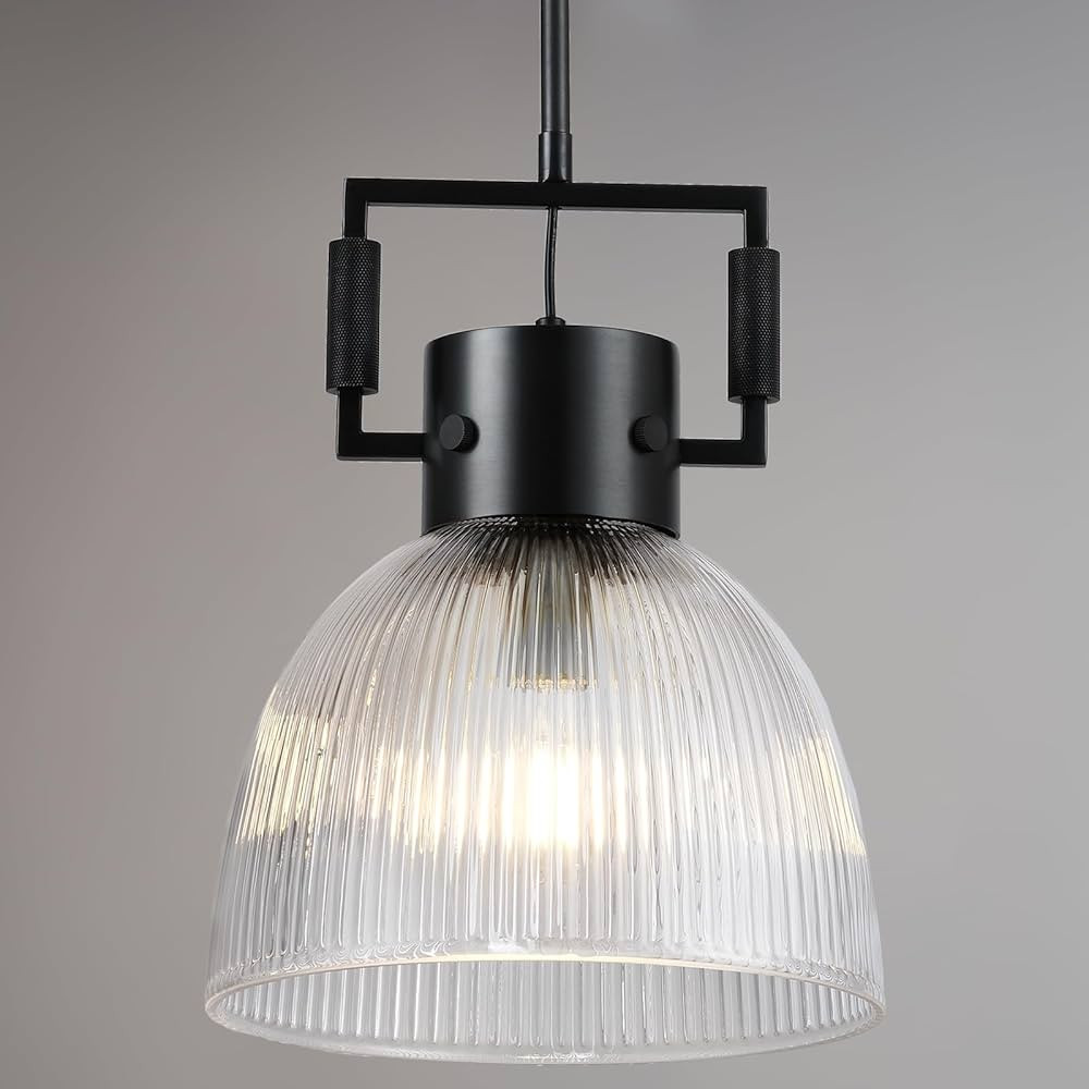 Glass Pendant Lights, 10" Black Pendant Lights Kitchen Island Modern Fluted Glass Dome Shade Isla... | Amazon (US)