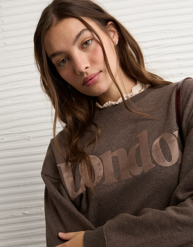 AE London Velvet Graphic Crew Neck Sweatshirt | American Eagle Outfitters (US & CA)