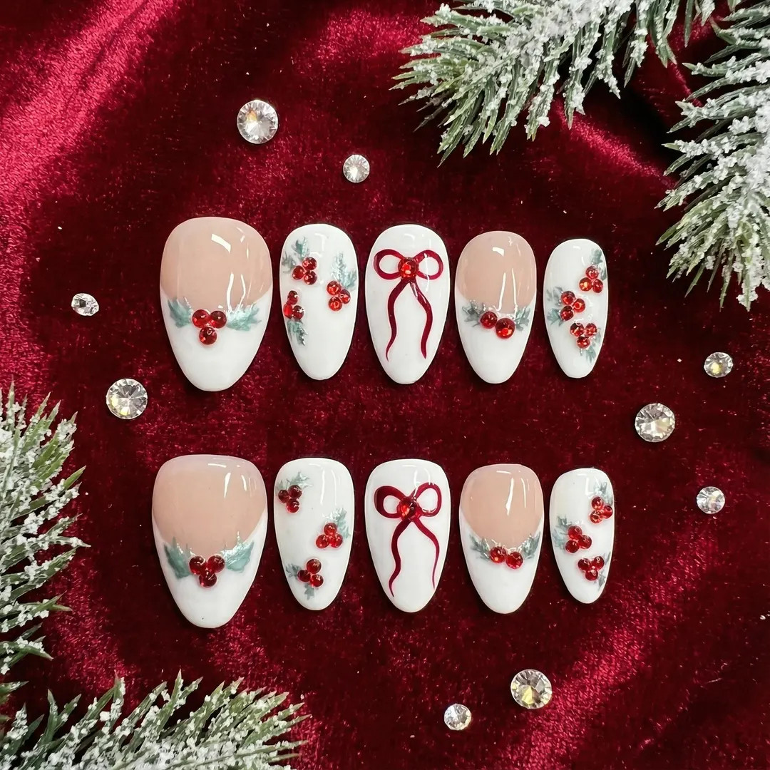 Elegant Christmas Press on Nails: Red Bow & Holly Berry Holiday Nail Set - Etsy | Etsy (US)