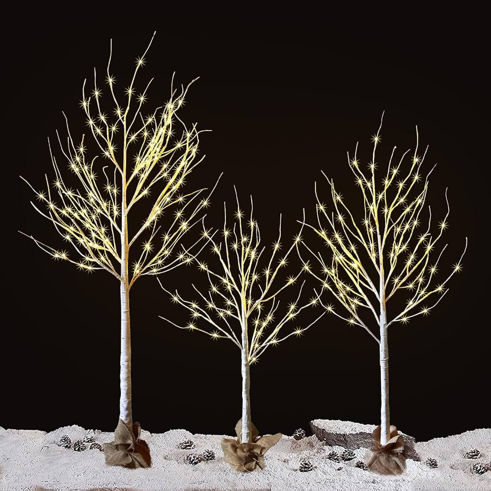 HOLILLUMA 3 Packs Lighted Brich Tree, 4FT 56 LED/5FT 72 LED/6FT 128 LED with Burlap Decor, Warm W... | Amazon (US)