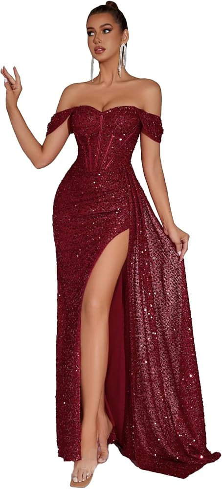 Evening Gowns Formal Dresses for Women Sequin Tulle Wedding Guest Cocktail Party Sexy Off Shoulde... | Amazon (US)