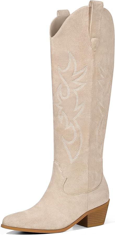 Ouepiano White Cowgirl Boots Women Cowboy Knee High Tall Boots Chunky Heel Pointed Toe Pull-On We... | Amazon (US)
