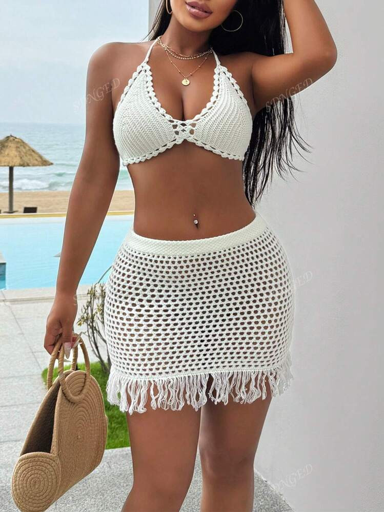 TrendsWomen Beach-Style Crochet Knitted Set With Tassel Decoration | SHEIN