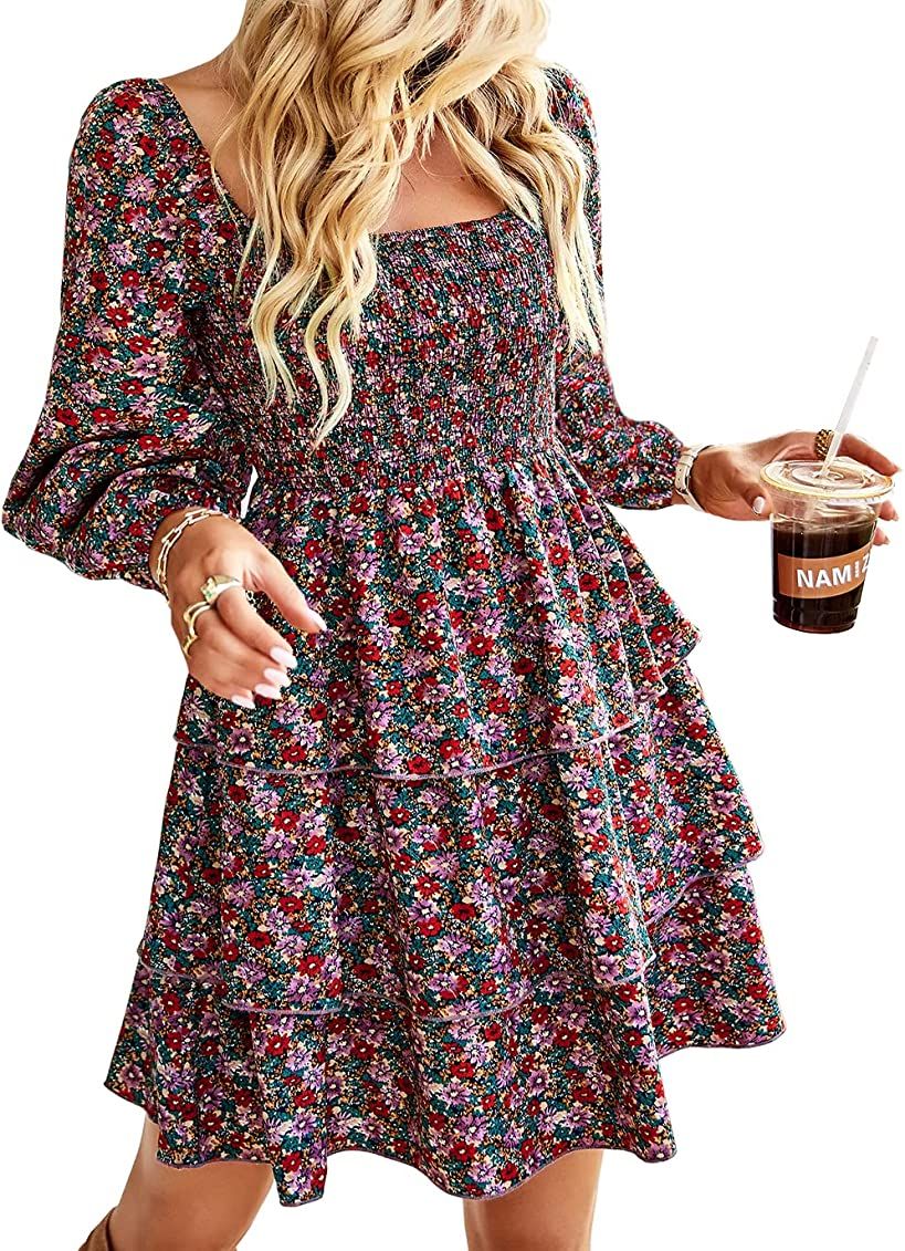 Womens Square Neck Smocked Amazon Dress Long Sleeve High Waist Floral Dress | Amazon (US)