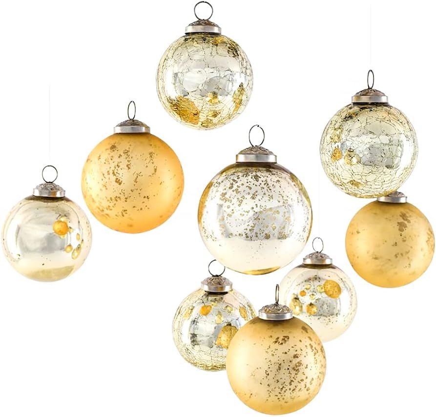 Serene Spaces Living Set of 9 Assorted Gold Glass Ball Ornaments for Christmas Tree, Holiday Deco... | Amazon (US)