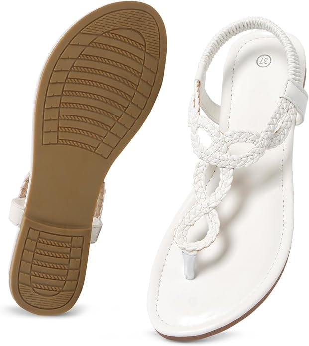 iCKER Women Rhinestone Sandals T-Strap Buckle Bohemian Pearl Crystal Flat Sandals | Amazon (US)