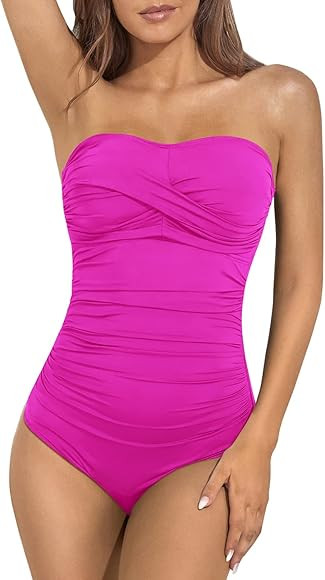 Yonique Womens Strapless One Piece Swimsuit Tummy Control Bandeau Bathing Suits Slimming Twist Fr... | Amazon (US)