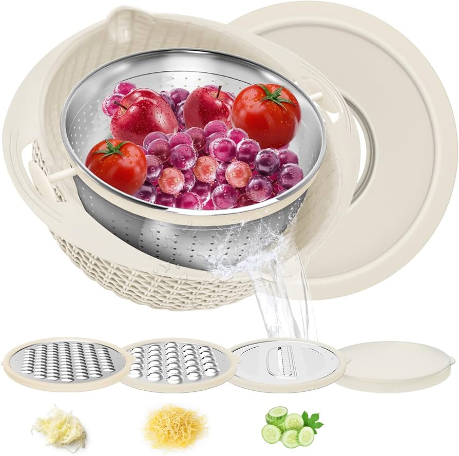 4 in 1 Colander with Mixing Bowl Set, Double-Layer Rotatable Colander Drain Basket with Lid and S... | Amazon (US)